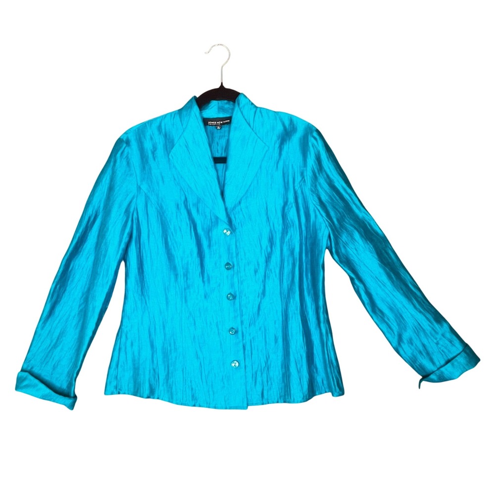 Jones NY Blouse Womens 6 Teal Blue Linen Blend Crinkle Lightweight Shirt Jacket